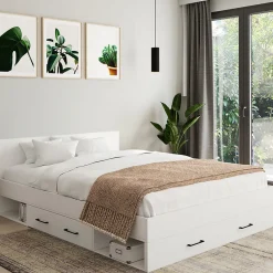 IDMarket Lit double MINEA avec tiroirs + niches de rangement + tête de lit et sommier 140 x 190 cm blanc