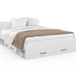 IDMarket Lit double MINEA avec tiroirs + niches de rangement + tête de lit et sommier 140 x 190 cm blanc