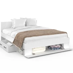 IDMarket Lit double MINEA avec tiroirs + niches de rangement + tête de lit et sommier 140 x 190 cm blanc