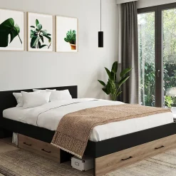IDMarket Lit double MINEA avec tiroirs + niches de rangement + tête de lit et sommier 140 x 190 cm façon hêtre et noir
