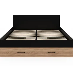 IDMarket Lit double MINEA avec tiroirs + niches de rangement + tête de lit et sommier 140 x 190 cm façon hêtre et noir