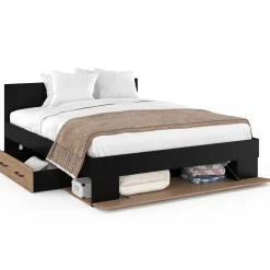 IDMarket Lit double MINEA avec tiroirs + niches de rangement + tête de lit et sommier 140 x 190 cm façon hêtre et noir