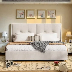 Simple Life Lit double moderne 160x200 cm, tête de lit rembourrée, LED intégrées, rangement sous sommier, design minimaliste, beige.