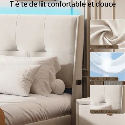 Simple Life Lit double moderne 160x200 cm, tête de lit rembourrée, LED intégrées, rangement sous sommier, design minimaliste, beige.