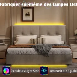 Simple Life Lit double moderne 160x200 cm, tête de lit rembourrée, LED intégrées, rangement sous sommier, design minimaliste, beige.