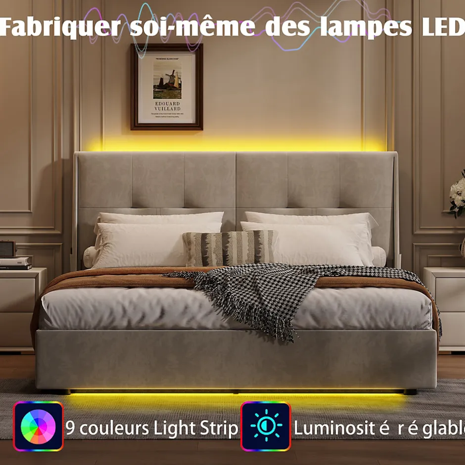 Simple Life Lit double moderne 160x200 cm, tête de lit rembourrée, LED intégrées, rangement sous sommier, design minimaliste, beige.