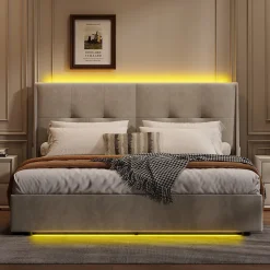 Simple Life Lit double moderne 160x200 cm, tête de lit rembourrée, LED intégrées, rangement sous sommier, design minimaliste, beige.