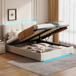 Simple Life Lit double moderne 160x200 cm, tête de lit rembourrée, LED intégrées, rangement sous sommier, design minimaliste, beige.