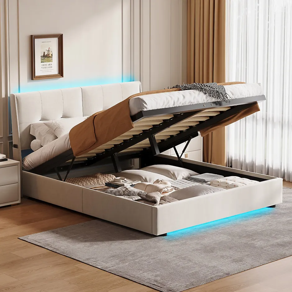 Simple Life Lit double moderne 160x200 cm, tête de lit rembourrée, LED intégrées, rangement sous sommier, design minimaliste, beige.
