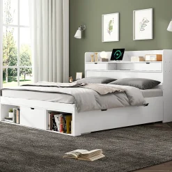 Okwish Lit Double Multifonction 140x190 cm, Lit Ado avec USB, Tiroirs et Armoire de Rangement, en Bois Pin, Blanc, Sans Matelas