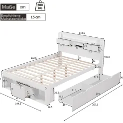 Okwish Lit Double Multifonction 140x190 cm, Lit Ado avec USB, Tiroirs et Armoire de Rangement, en Bois Pin, Blanc, Sans Matelas