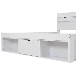 Okwish Lit Double Multifonction 140x190 cm, Lit Ado avec USB, Tiroirs et Armoire de Rangement, en Bois Pin, Blanc, Sans Matelas