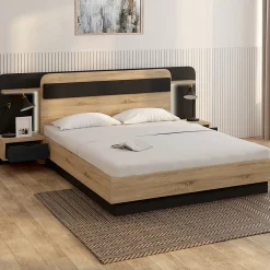 IDMarket Lit double NATHAN 140 x 190 cm avec tête de lit, chevets suspendus, étagère, LED et sommier bois et noir