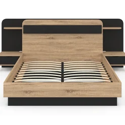 IDMarket Lit double NATHAN 140 x 190 cm avec tête de lit, chevets suspendus, étagère, LED et sommier bois et noir