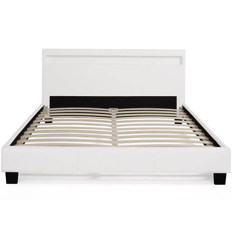 IDMarket Lit double NEO avec tête de lit LED intégrées et sommier 140 x 190 cm PVC blanc