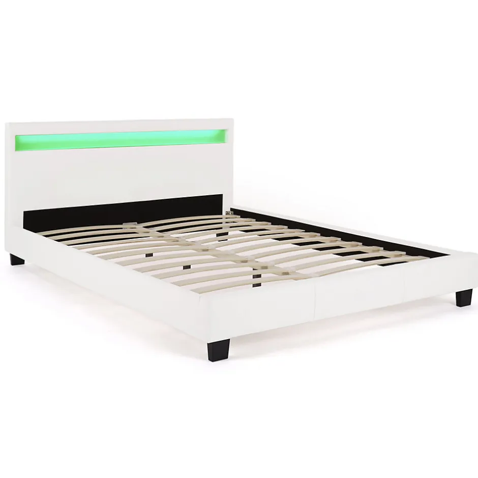IDMarket Lit double NEO avec tête de lit LED intégrées et sommier 140 x 190 cm PVC blanc