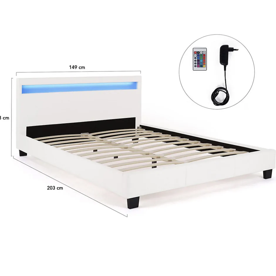 IDMarket Lit double NEO avec tête de lit LED intégrées et sommier 140 x 190 cm PVC blanc