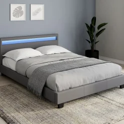 IDMarket Lit double NEO avec tête de lit LED intégrées et sommier 140 x 190 cm PVC gris New