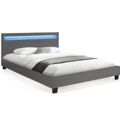 IDMarket Lit double NEO avec tête de lit LED intégrées et sommier 140 x 190 cm PVC gris New
