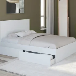 IDMarket Lit double OMAHA 4 tiroirs sur roulettes avec tête de lit et sommier 140 x 190 cm blanc