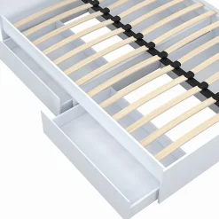 IDMarket Lit double OMAHA 4 tiroirs sur roulettes avec tête de lit et sommier 140 x 190 cm blanc