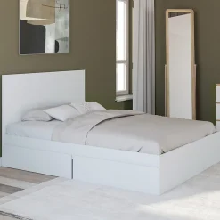 IDMarket Lit double OMAHA 4 tiroirs sur roulettes avec tête de lit et sommier 140 x 190 cm blanc
