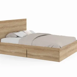 IDMarket Lit double OMAHA 4 tiroirs sur roulettes avec tête de lit et sommier 140 x 190 cm façon hêtre