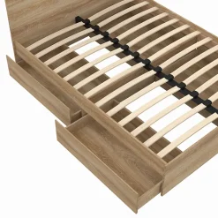 IDMarket Lit double OMAHA 4 tiroirs sur roulettes avec tête de lit et sommier 140 x 190 cm façon hêtre