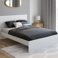 IDMarket Lit double OMAHA avec tête de lit et sommier 140 x 190 cm blanc Clearance