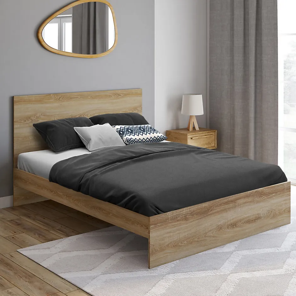 IDMarket Lit double OMAHA avec tête de lit et sommier 140 x 190 cm façon hêtre