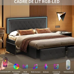 Simple Life Lit double pour adultes, 140 x 200 cm, 4 tiroirs, rembourré, avec éclairage LED, sommier à lattes,Polyuréthanegris.