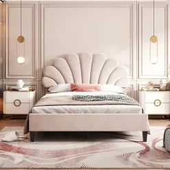 Redom Lit double rembourré 140 sur 200 cm cadre avec tête de lit fleurie en velours doux lit adulte invité beige