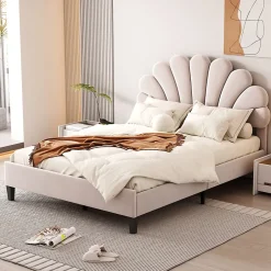 Redom Lit double rembourré 140 sur 200 cm cadre avec tête de lit fleurie en velours doux lit adulte invité beige