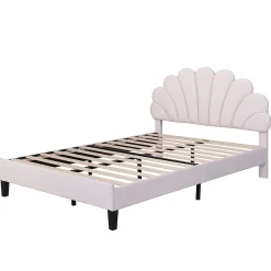 Redom Lit double rembourré 140 sur 200 cm cadre avec tête de lit fleurie en velours doux lit adulte invité beige