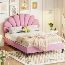 Redom Lit double rembourré 140 sur 200 cm cadre avec tête de lit fleurie en velours doux lit adulte invité rose New