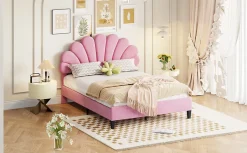 Redom Lit double rembourré 140 sur 200 cm cadre avec tête de lit fleurie en velours doux lit adulte invité rose New