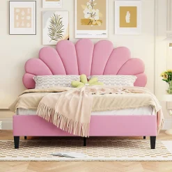 Redom Lit double rembourré 140 sur 200 cm cadre avec tête de lit fleurie en velours doux lit adulte invité rose New