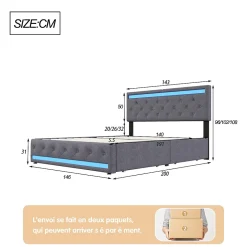 Fortuna lai Lit Double Rembourré 140 X 190 Cm Avec 4 Tiroirs Et Sommier à Lattes En Bois Avec USB Et LED, Gris Hot