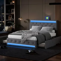 Fortuna lai Lit Double Rembourré 140 X 190 Cm Avec 4 Tiroirs Et Sommier à Lattes En Bois Avec USB Et LED, Gris Hot