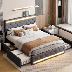 Fortuna lai Lit Double Rembourré 140 X 190 Cm Avec 4 Tiroirs Et Sommier à Lattes En Bois Avec USB Et LED, Gris Hot