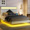 Fortuna lai Lit double rembourré, 140 x 190 cm, avec éclairage LED, tête de lit avec station de charge USB,sans matelas
