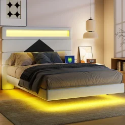 Fortuna lai Lit double rembourré, 140 x 190 cm, avec éclairage LED, tête de lit avec station de charge USB,sans matelas