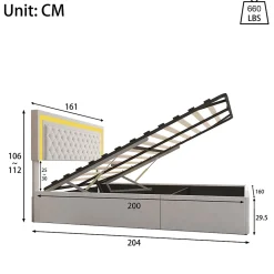 Fortuna lai Lit double rembourré, 160 x 200 cm, LED, hydraulique, avec espace de rangement et sommier à lattes, velours beige Best