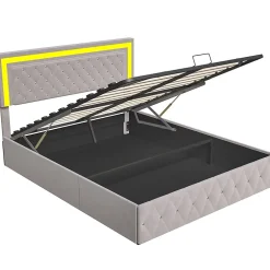 Fortuna lai Lit double rembourré, 160 x 200 cm, LED, hydraulique, avec espace de rangement et sommier à lattes, velours beige Best