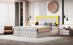 Fortuna lai Lit double rembourré, 160 x 200 cm, LED, hydraulique, avec espace de rangement et sommier à lattes, velours beige Best