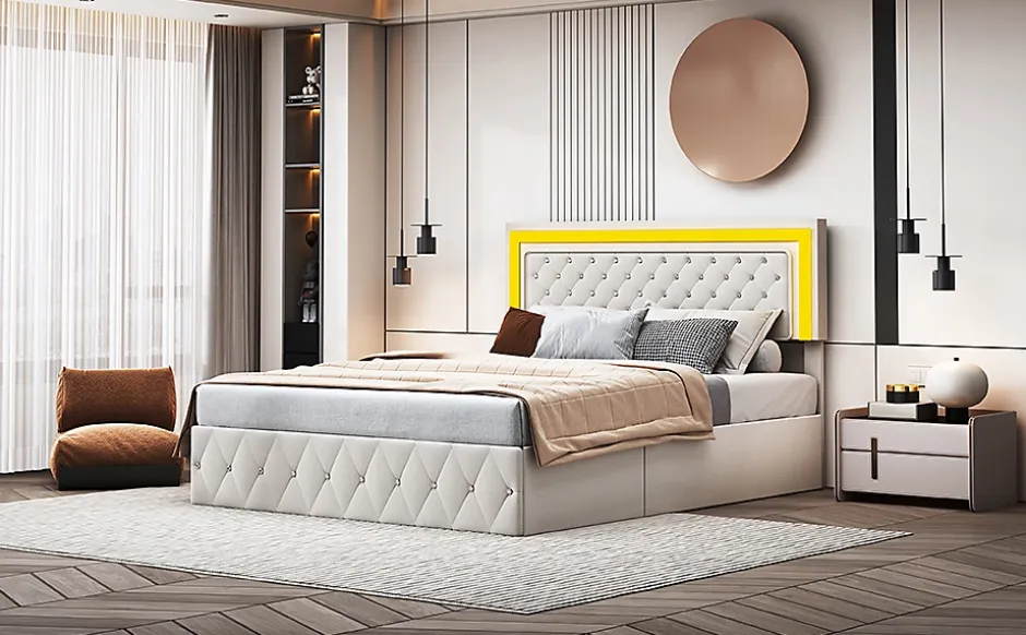 Fortuna lai Lit double rembourré, 160 x 200 cm, LED, hydraulique, avec espace de rangement et sommier à lattes, velours beige Best