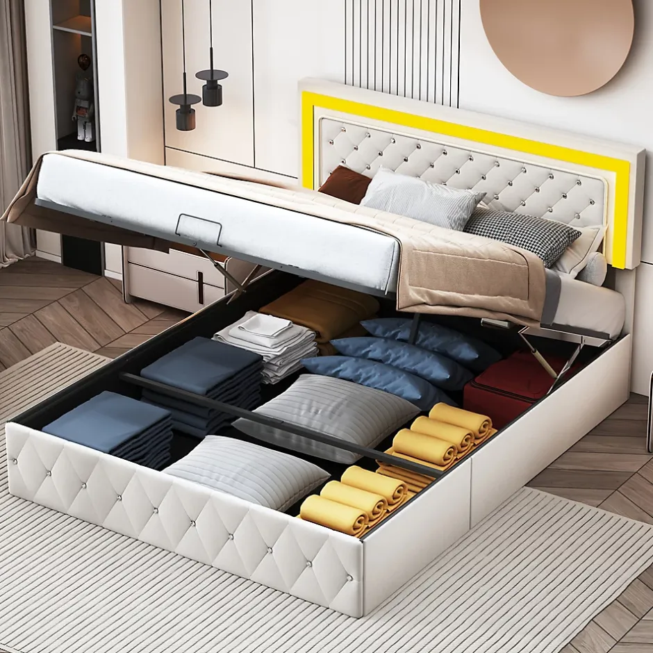 Fortuna lai Lit double rembourré, 160 x 200 cm, LED, hydraulique, avec espace de rangement et sommier à lattes, velours beige Best