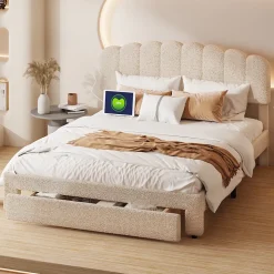 Fortuna lai Lit Double Rembourré 160 X 200 Cm, Ports De Charge USB Et Type C, Rangement, Polaire Teddy, Beige Online