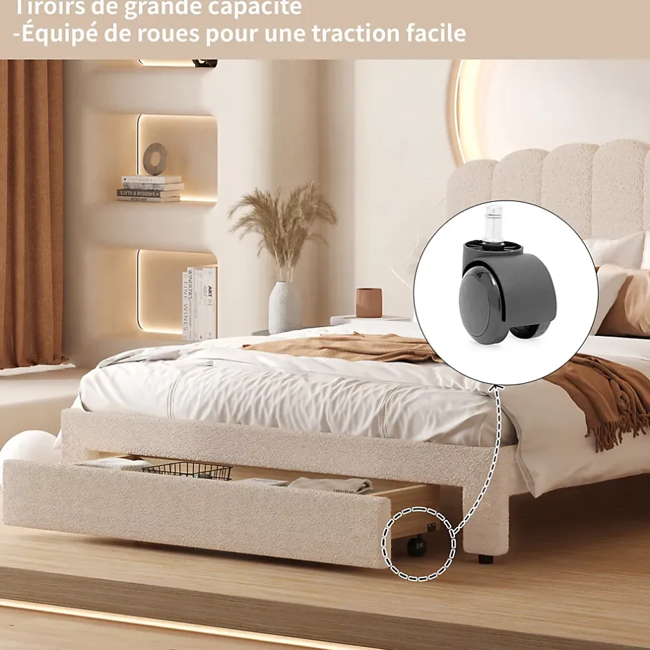 Fortuna lai Lit Double Rembourré 160 X 200 Cm, Ports De Charge USB Et Type C, Rangement, Polaire Teddy, Beige Online