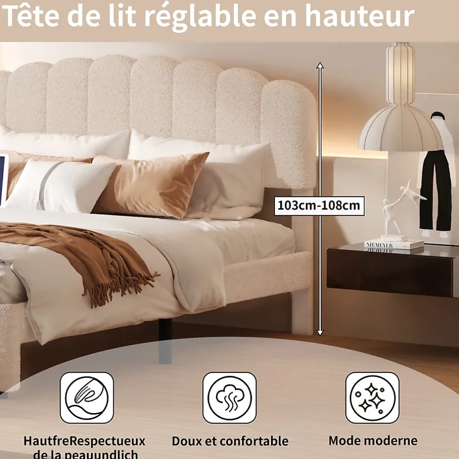 Fortuna lai Lit Double Rembourré 160 X 200 Cm, Ports De Charge USB Et Type C, Rangement, Polaire Teddy, Beige Online